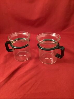 2 Bodum Clear Glass Coffee Mugs with Black plastic Handles
